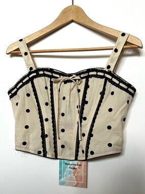 Watermelon Sugar Dana tank polka dot corset l cream lace black crochet trim NEW